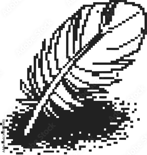 monochrome pixel art feather stuck in the ground isolated on white background