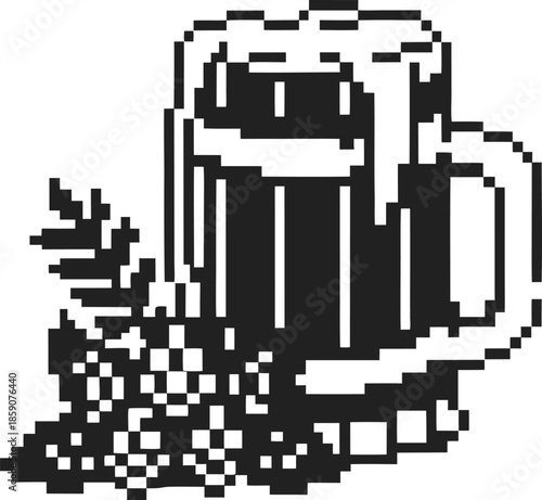 Pixel art beer mug with foam and hop cones and barley stalks, monochrome retro illustration of craft beer ingredients