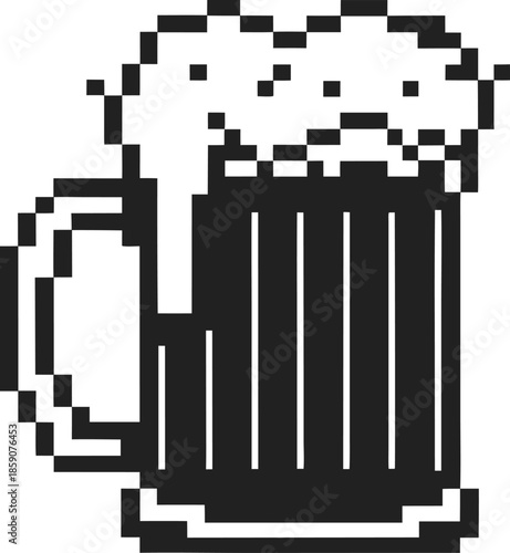 Pixel art beer mug with frothy foam, black and white digital illustration of a cold drink in a glass