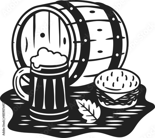 Barrel of beer with frothy mug and sandwich on wooden surface, rustic pub meal concept