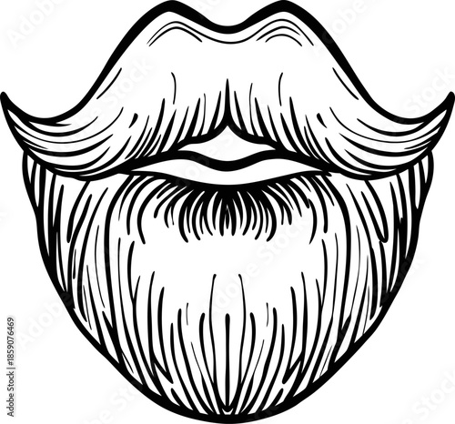 stylized black and white illustration of a full beard and mustache with detailed hair strokes