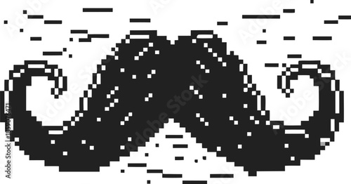 Pixelated black mustache with curled ends in glitch design, vintage retro facial hair silhouette