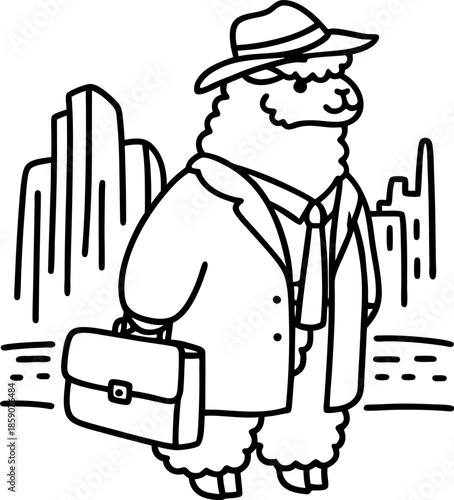 Llama dressed as businessman walking in city wearing suit tie hat carrying briefcase urban background