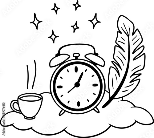 Alarm clock, cup of coffee, feather and stars on cloud, morning wake up and relaxation concept, peaceful dreamy atmosphere