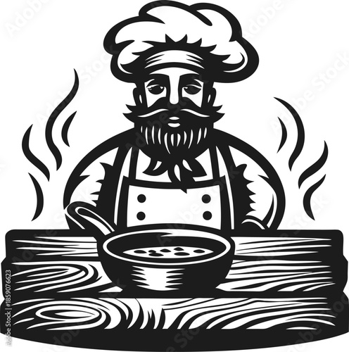 Chef preparing hot soup cook with apron and hat behind wooden counter with steaming bowl and spoon