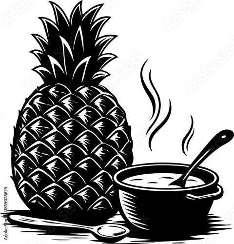 Pineapple with steaming bowl of soup and spoon illustration in black and white