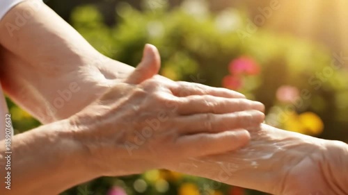 Close up view of elderly person rubbing sunscreen lotion on arm outdoors near garden of colorful flowers in bright sunlight