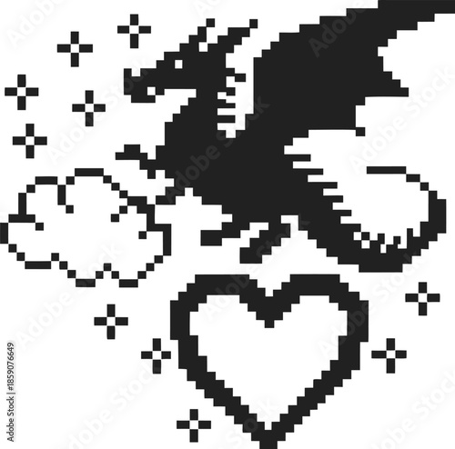 Pixel art dragon flying with cloud and heart surrounded by stars digital retro game fantasy creature illustration