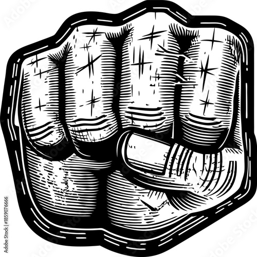 Graphic illustration of a clenched fist facing forward with detailed line work and shading for a bold and strong impact