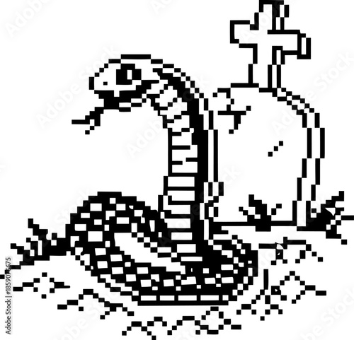 Pixel art of a snake emerging from the ground near a gravestone with cross and surrounding grass