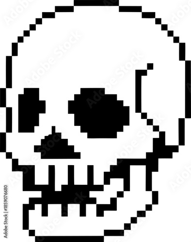 Pixel art skull icon with black and white colors showing a stylized human skeleton head