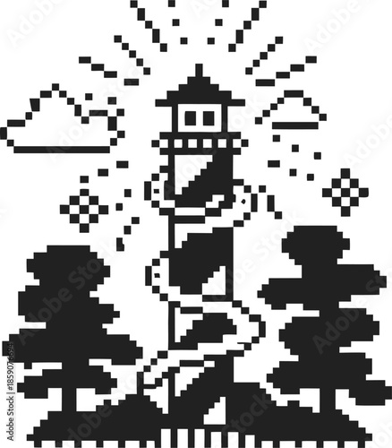 pixel art lighthouse surrounded by trees with sun, clouds, and stars in retro monochrome
