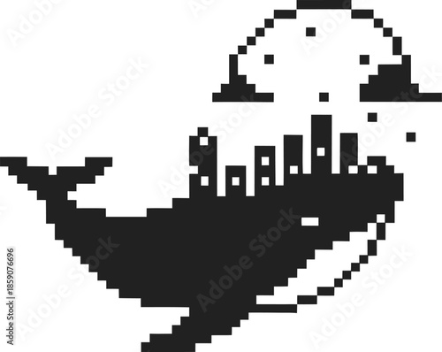 Pixel art whale with city skyline on its back and water splash above, minimalistic black and white design