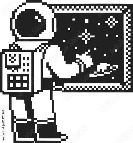 pixel art astronaut pointing at space stars and planets on a screen or window