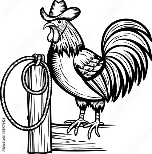 Rooster wearing cowboy hat standing on wooden fence post with rope lasso western farm animal illustration