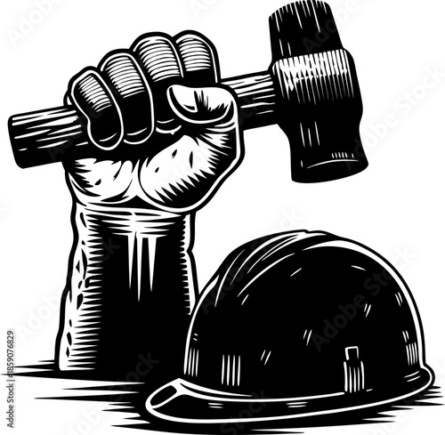 Strong hand holding a hammer above construction helmet worker power, labor symbol, safety and industry concept