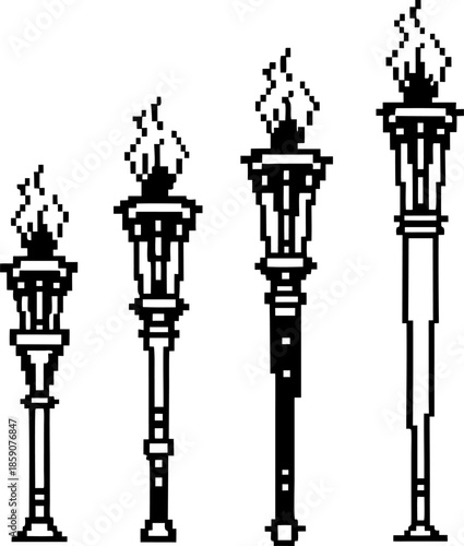 Vintage garden torches with burning flames in pixel art set for outdoor decoration and lighting