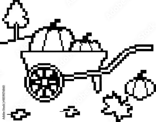 Pixel art pumpkin cart with autumn leaves and tree outline, harvest season design black and white