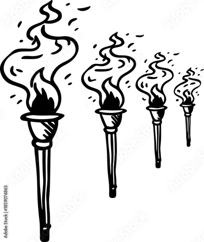 Four flaming torches with flames, hand drawn illustration, black and white simple design, ancient symbol of fire and light