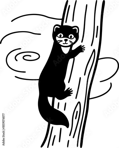 Sable climbing tree trunk illustration black and white wild animal with bushy tail on wood background