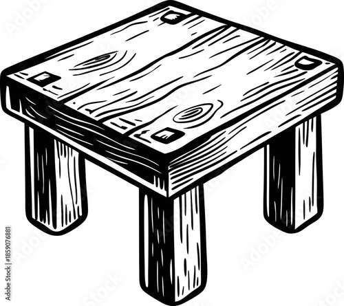 Simple rustic wooden stool illustration with visible wood grain and square legs, hand drawn black and white design