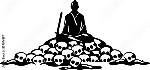samurai warrior meditating sitting cross legged on a pile of skulls with katana sword behind, symbolizing strength and resilience