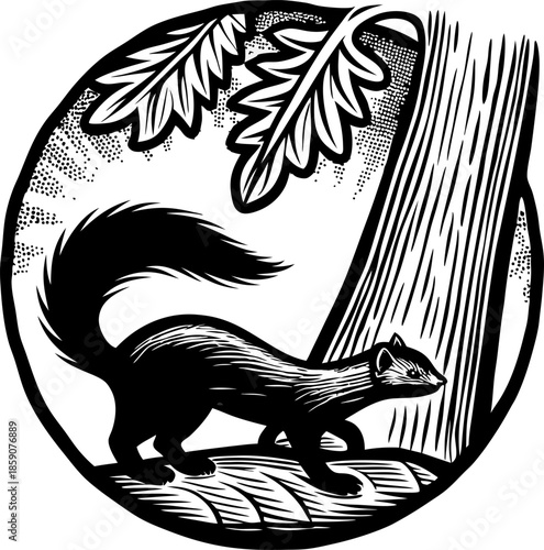 Black and white illustration of a skunk walking on a tree branch with leaves overhead in a circular frame