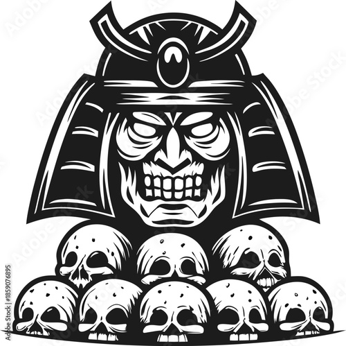 Terrifying samurai warrior skull wearing traditional helmet with pile of human skulls in monochrome design