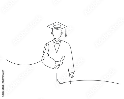 Minimalist One-Line Drawing of Graduate Holding Diploma