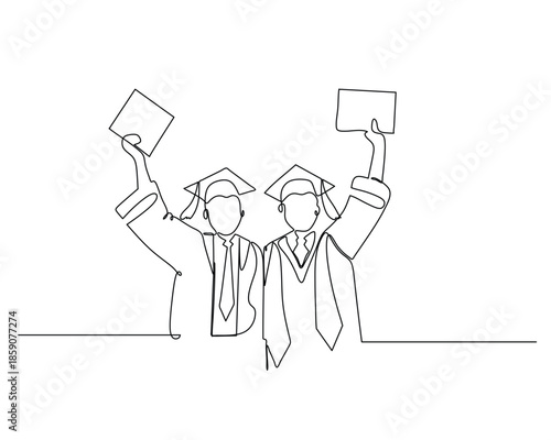 Minimalist One-Line Drawing of Two Graduates Celebrating with Diplomas Raised