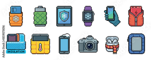Pixel art icon set of electronic devices protected for winter weather with insulated cases, warm covers, and cold-proof symbols for battery safety