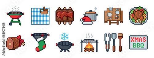Festive set of Christmas barbecue pixel art icons showing a grill, roasted turkey, ham, ribs, stocking, Santa hat, and cooking utensils for a holiday party
