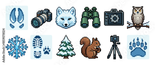 Pixel art icon set for winter wildlife photography featuring an arctic fox, owl, squirrel, camera, binoculars, and animal tracks in a retro 8-bit video game style