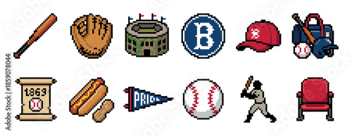 Set of pixel art baseball icons featuring a bat, ball, glove, stadium, and player silhouette in a retro 8-bit video game style for sports-themed design projects