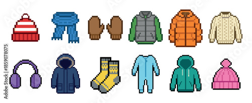 Collection of colorful pixel art winter clothing items including jackets, hats, scarves, and mittens, rendered in a retro 8-bit video game graphic style for a nostalgic feel