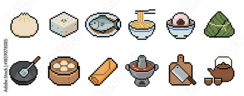 Pixel art icons of traditional Asian food showing a variety of meals and kitchenware like dumplings, noodles, hot pot, and a wok, all rendered in a colorful 8-bit video game aesthetic