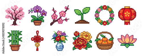 Pixel art icon set of various Chinese New Year symbols including a red lantern, lucky knot, bamboo, peony, and a basket of oranges in a retro 8-bit video game style