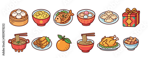 Set of cute cartoon Lunar New Year food icons including dumplings, noodles, fish, and spring rolls for a festive celebration, drawn in a simple vector illustration style