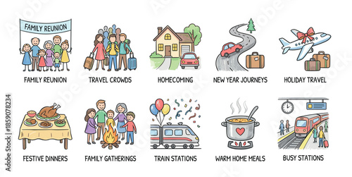 Set of ten colorful hand-drawn icons depicting family reunions, holiday travel, and festive homecoming celebrations in a cute doodle style for seasonal concepts