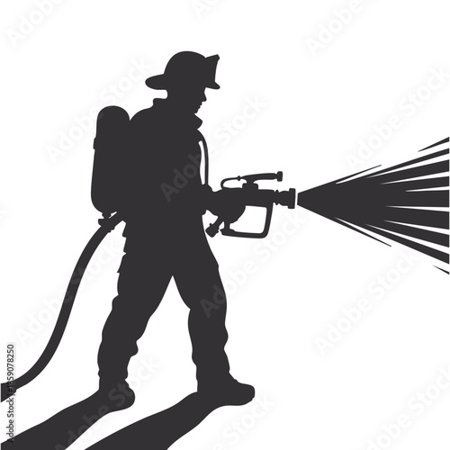 Firefighter silhouette actively spraying water from a powerful hose nozzle, depicted with ground shadows in a graphic vector style.