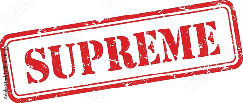 A distressed red rectangular stamp boldly displaying the word supreme in white capital letters is prominently featured