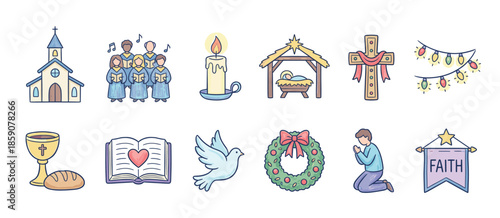 Collection of colorful Christian religious symbols in a cute doodle style, featuring a church, nativity scene, cross, bible, dove, and other icons for Christmas and faith-based themes