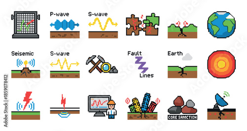 Collection of pixel art icons depicting seismology and geology concepts like earthquakes, tectonic plates, seismic waves, and fault lines in a retro 8-bit video game style