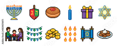 Hanukkah celebration pixel art icon set collection featuring a menorah, dreidel, sufganiyah, and other traditional Jewish holiday symbols in a retro 8-bit video game style