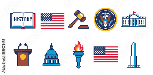 Set of pixelated government and history icons featuring a national flag, a presidential building, a capitol dome, and a gavel, illustrating civics and patriotism with a retro video game aesthetic