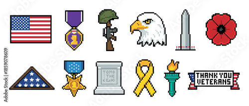 Pixel art collection of patriotic American military icons for honoring veterans, showing a flag, soldier, eagle, poppy, medals, yellow ribbon, and a remembrance banner
