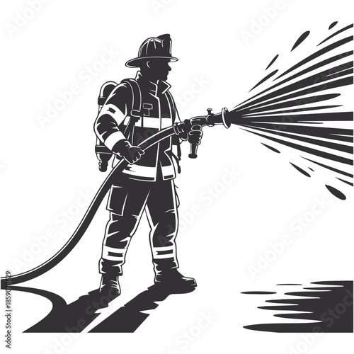 Detailed graphic illustration of a firefighter actively spraying water, fighting fire with ground shadows and water puddles.