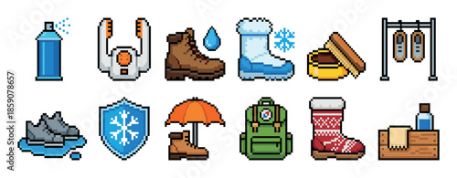 Pixel art icon set of shoe care and weather protection items including boots, spray, dryer, and cleaning kit in a retro 8-bit video game style illustration collection