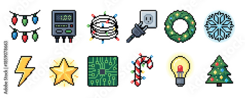 Set of pixel art Christmas icons including a tree, wreath, lights, candy cane, and electrical elements like a plug and circuit board in a retro 8-bit video game style
