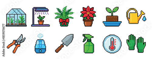 Set of pixel art gardening icons featuring a greenhouse, grow light, watering can, trowel, and various houseplants in a retro 8-bit video game style illustration